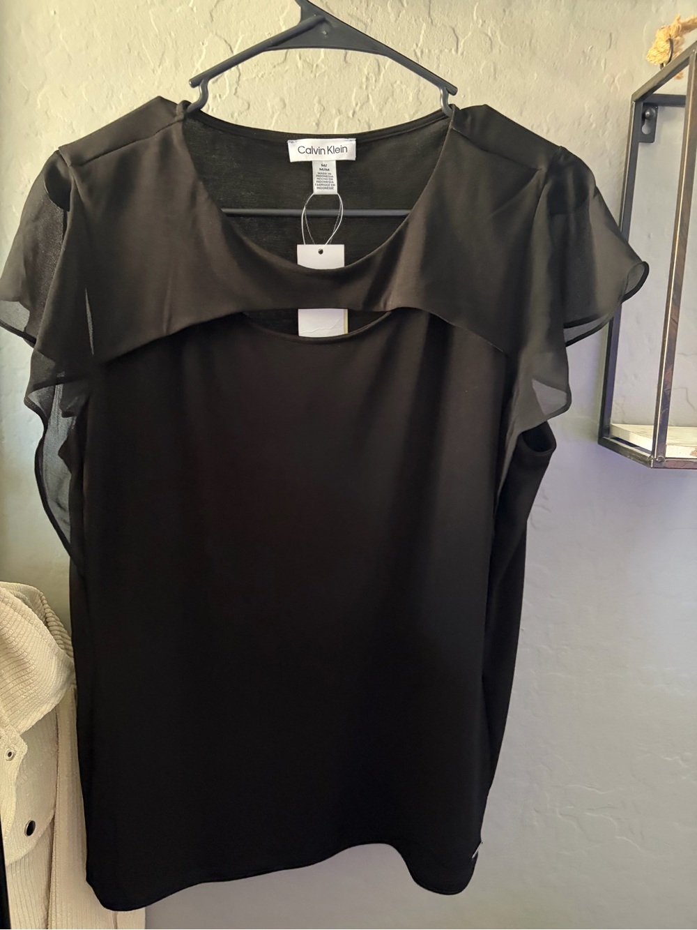 Calvin Klein Black Sheer Layered Cap Sleeve Blouse